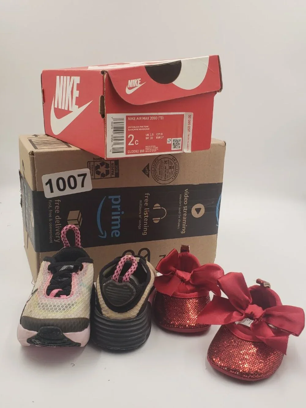Nike Air Max 2090 (TD) Size 2C, White/Black-Pink Foam Plus Red Sequined Bow Shoe